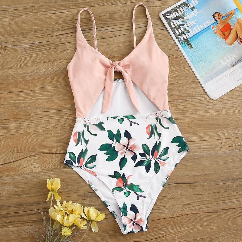 

Floral Cut-out One Piece Swimsuit, Multicolor