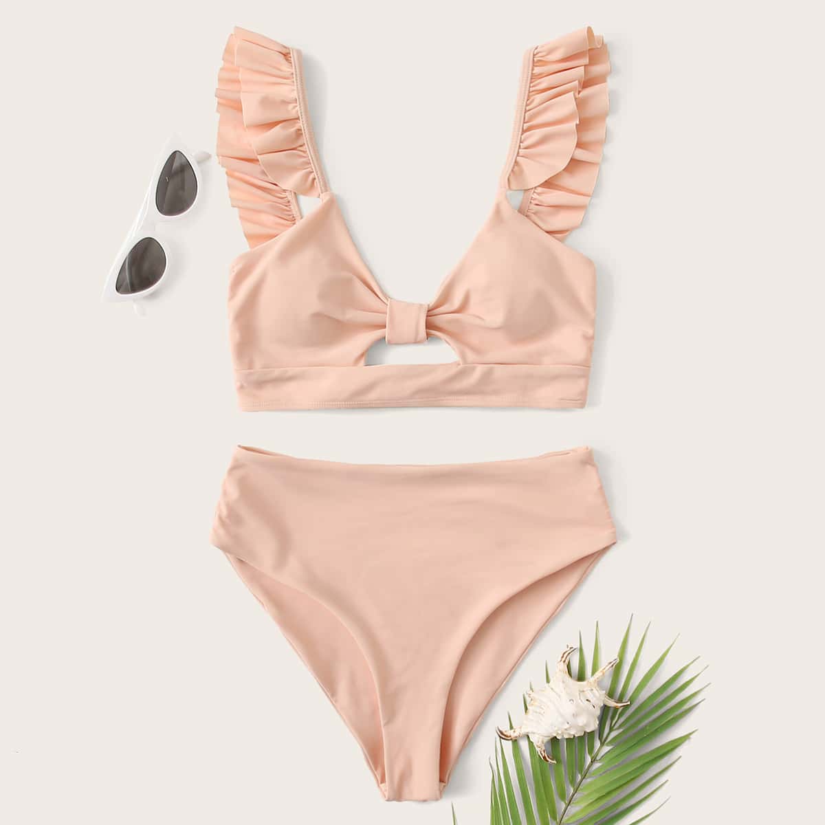 

Ruffle Trim Knot Front High Waisted Bikini Swimsuit, Pink
