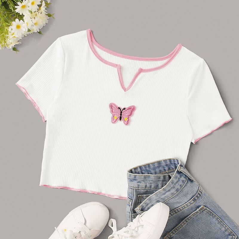 

Butterfly Embroidery Notch Neck Crop Tee, White