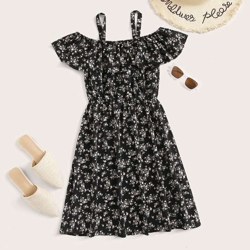 

Ditsy Floral Ruffle Cami Dress, Black