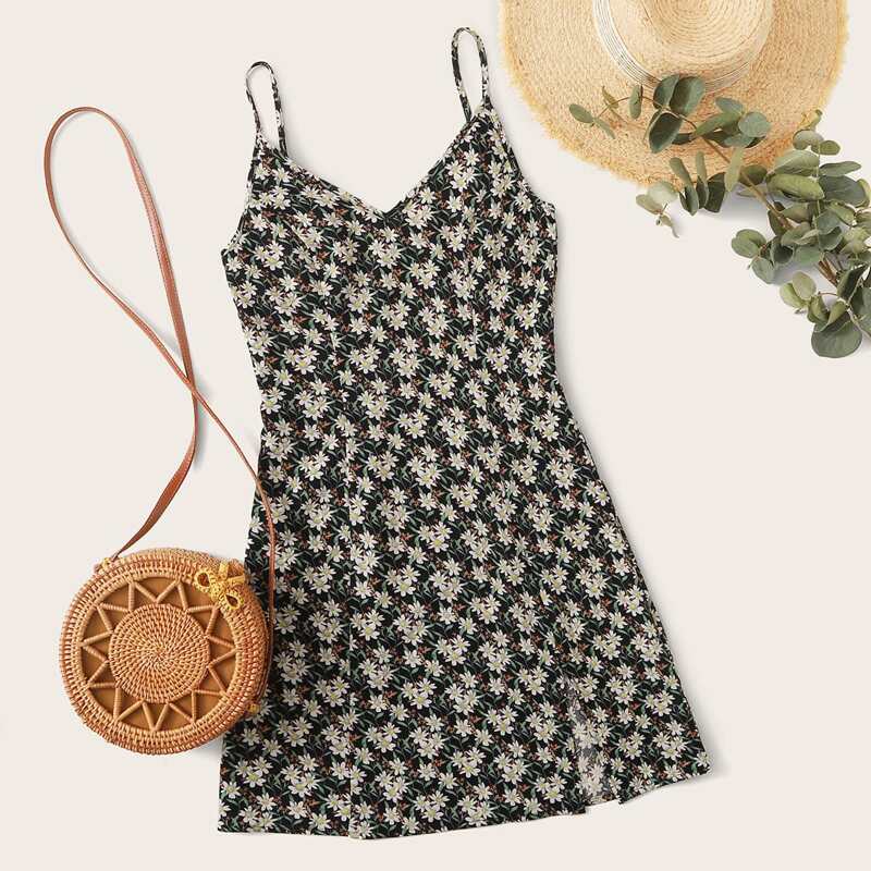

Floral Print Split Hem Cami Dress, Multicolor