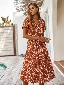Breezaya Dalmatian Print Drawstring Waist A-line Dress - Red - View 1