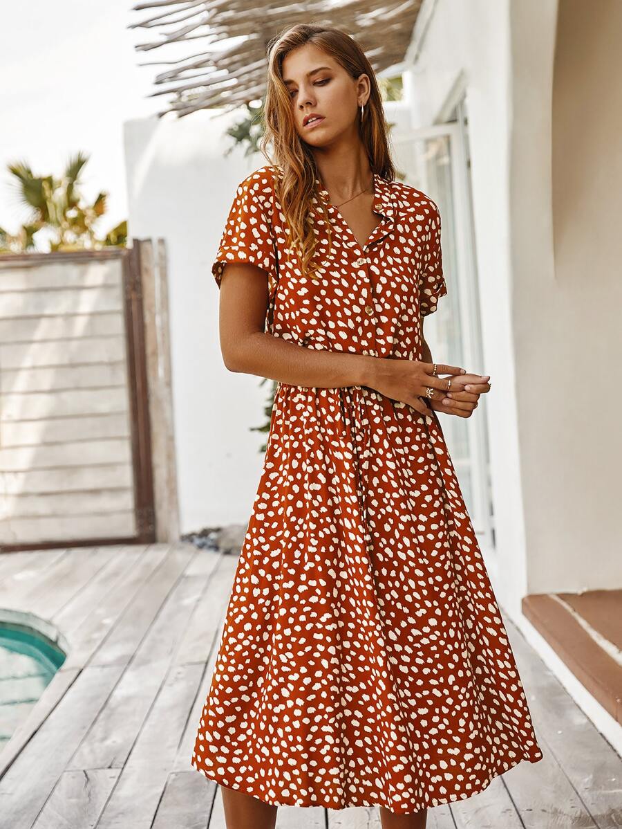 Breezaya Dalmatian Print Drawstring Waist A-line Dress - Red - View 1