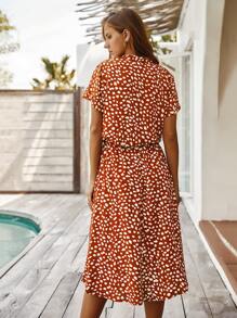 Breezaya Dalmatian Print Drawstring Waist A-line Dress - Red - View 2