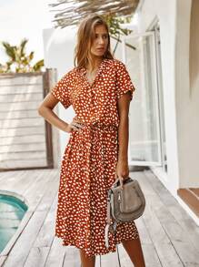 Breezaya Dalmatian Print Drawstring Waist A-line Dress - Red - View 3