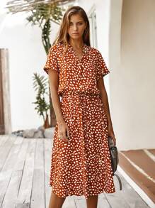 Breezaya Dalmatian Print Drawstring Waist A-line Dress - Red - View 4