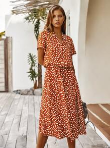Breezaya Dalmatian Print Drawstring Waist A-line Dress - Red - View 5