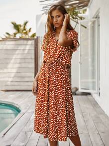 Breezaya Dalmatian Print Drawstring Waist A-line Dress - Red - View 6