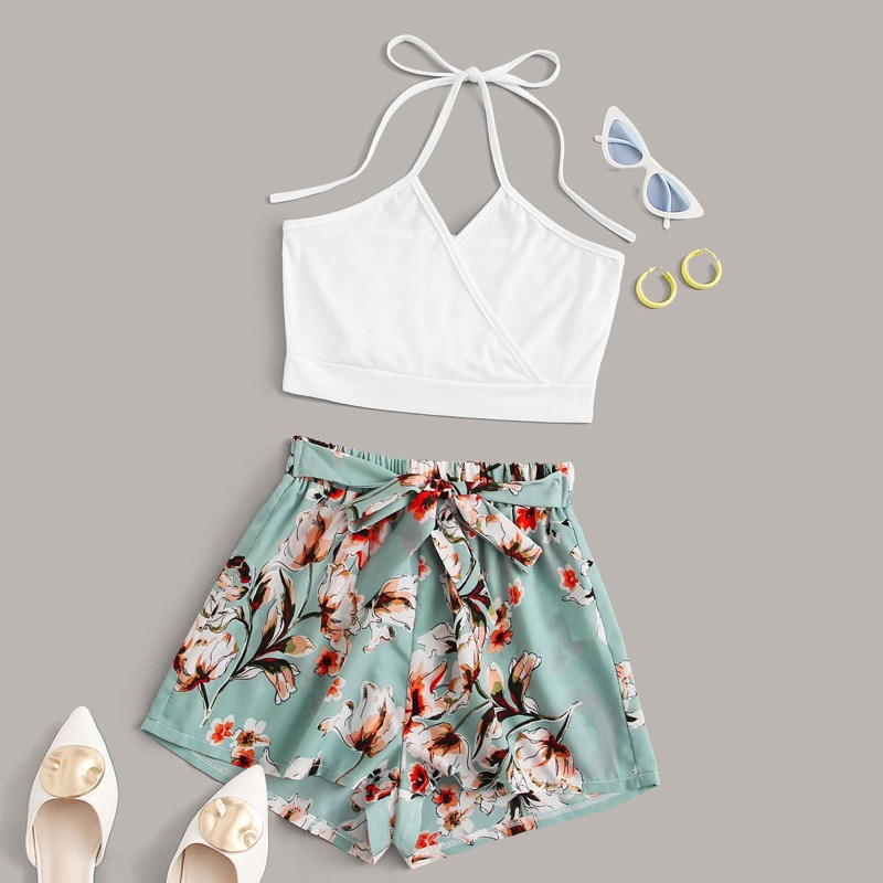 

Wrap Halter Top & Floral Self Tie Shorts, Multicolor