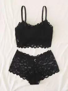 貝殼邊蕾絲內衣褲套裝 - 黑色 - 查看 2