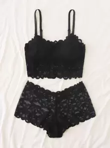 貝殼邊蕾絲內衣褲套裝 - 黑色 - 查看 4