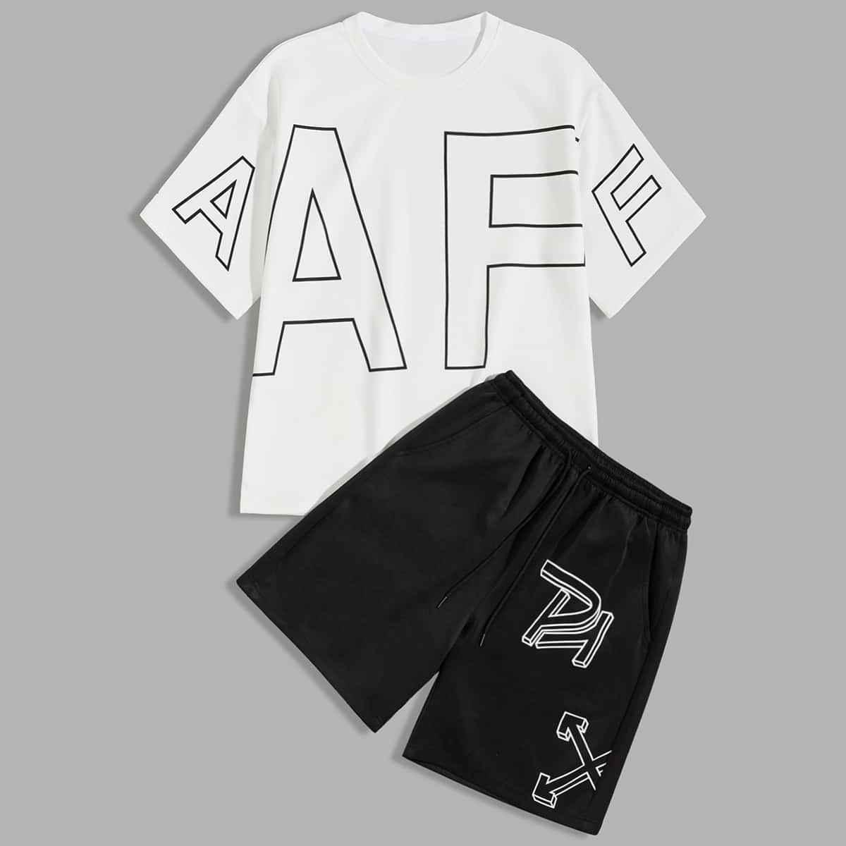 

Guys Letter Graphic Tee With Drawstring Shorts, Black and white