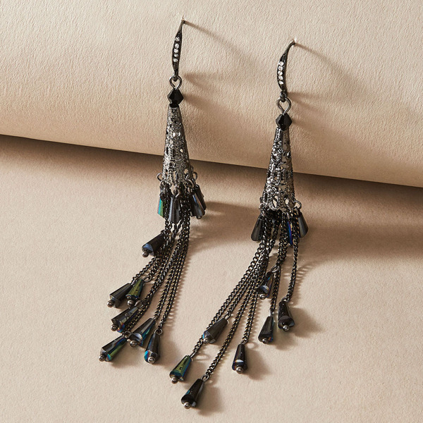 

1pair Metallic Chain Tassel Drop Earrings, Black