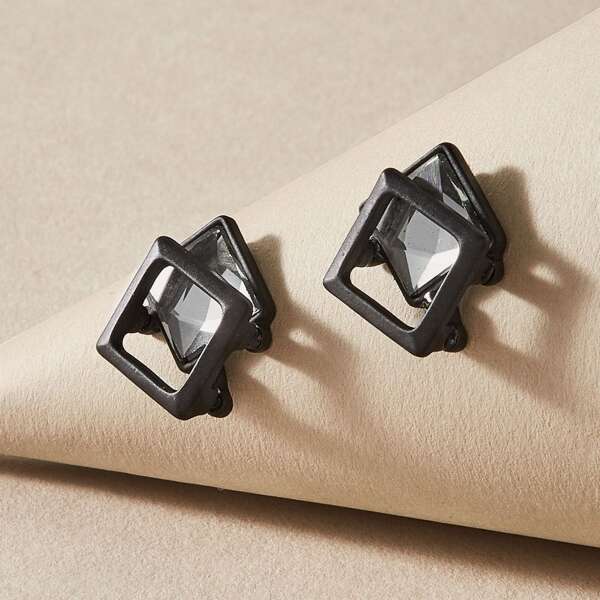 

1pair Crystal Engraved Geometric Design Stud Earrings, Black