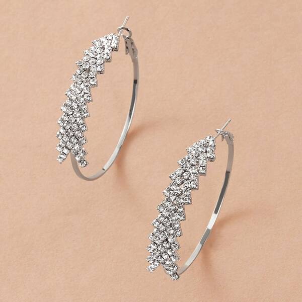 

1pair Rhinestone Engraved Hoop Earrings, Silver