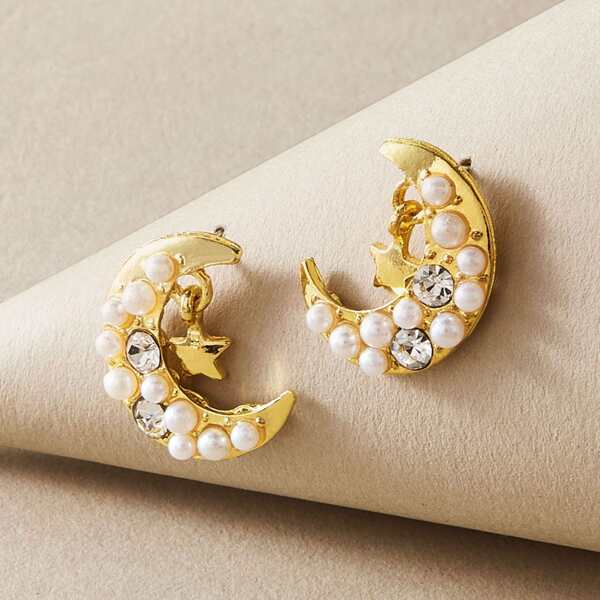 

Серьги в форме луны с искусственным жемчугом и стразами 1 пара, Золотистый