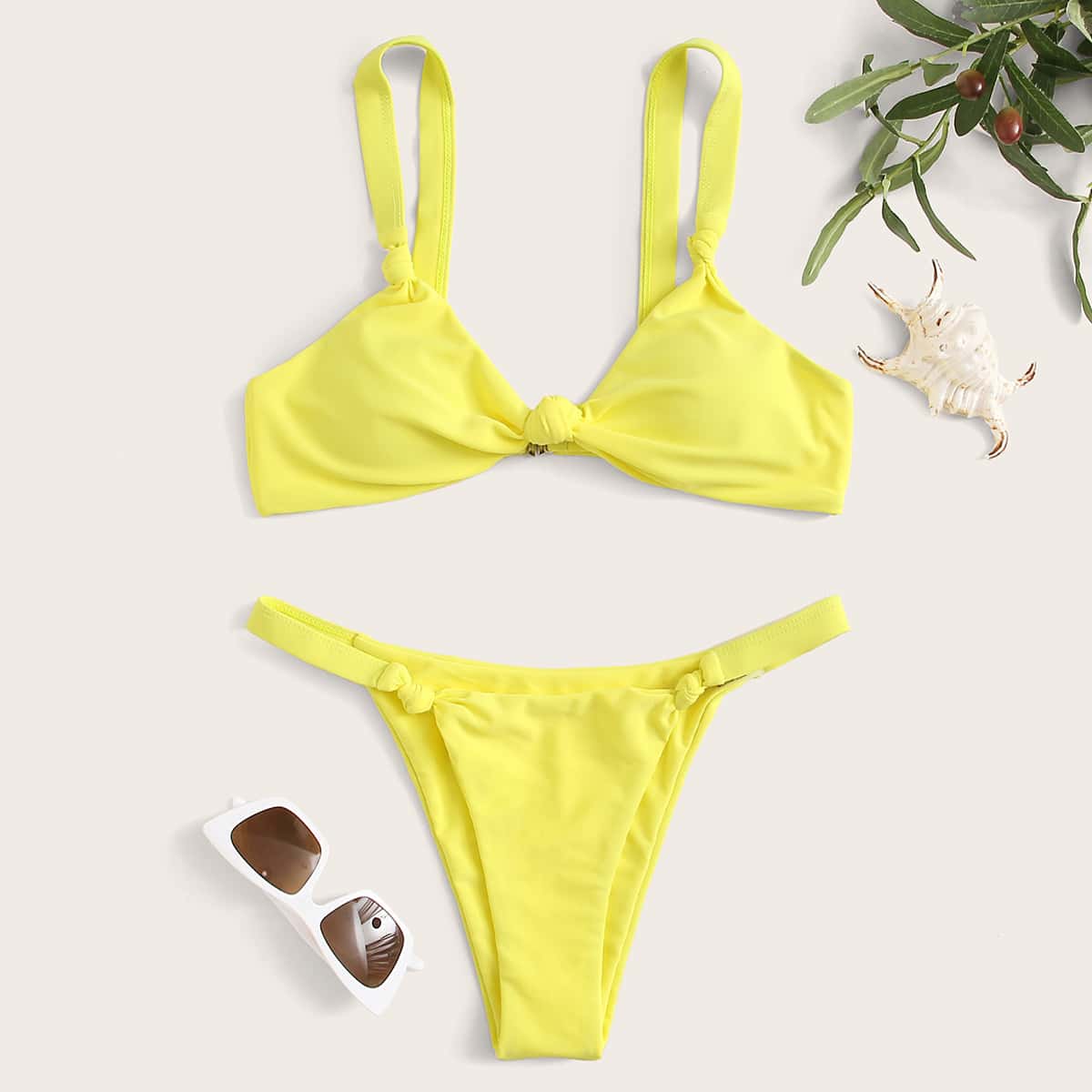 

Knot Detail Tanga Bikini Swimsuit, Yellow