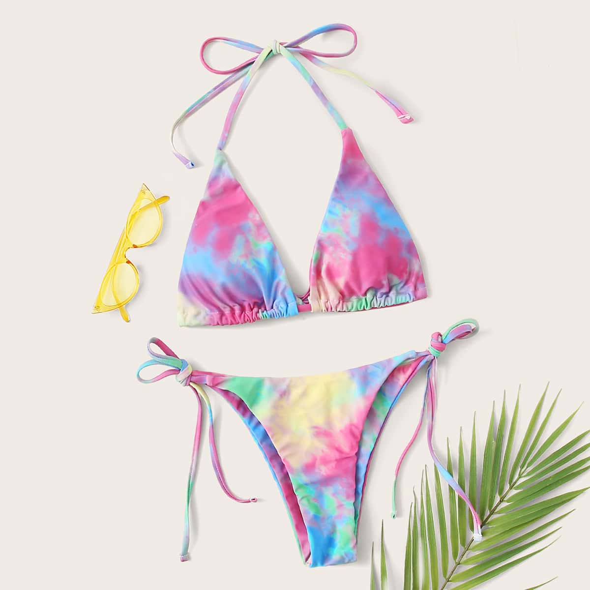 

Tie Dye Halter Triangle Tie Side Bikini Swimsuit, Multicolor