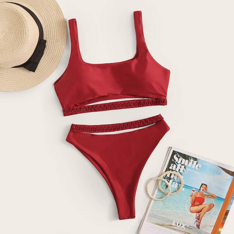 

Hollow-out Trim High Waist Bikini Swimsuit, Red