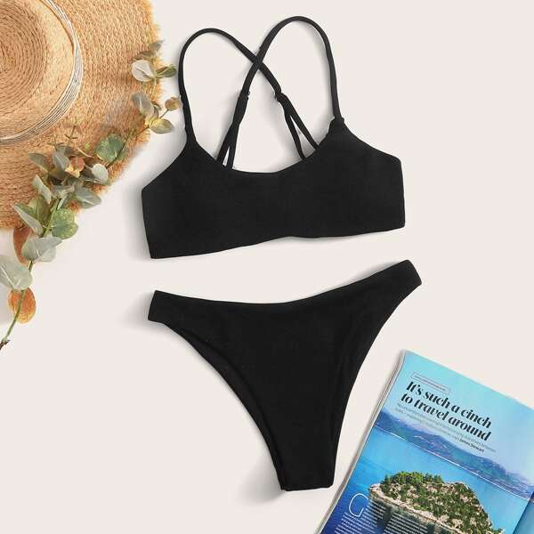 

Rib Criss Cross Back Bikini Swimsuit, Black