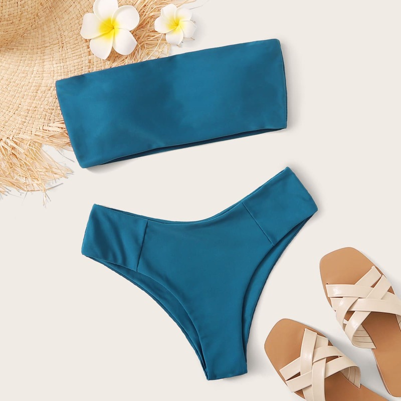 

High Cut Bandeau Bikini Swimsuit, Blue