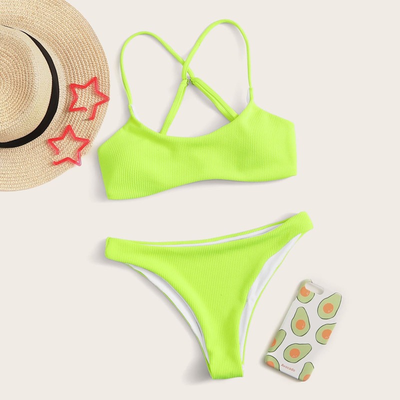 

Neon Green Rib Criss Cross Back Bikini Swimsuit, Green bright
