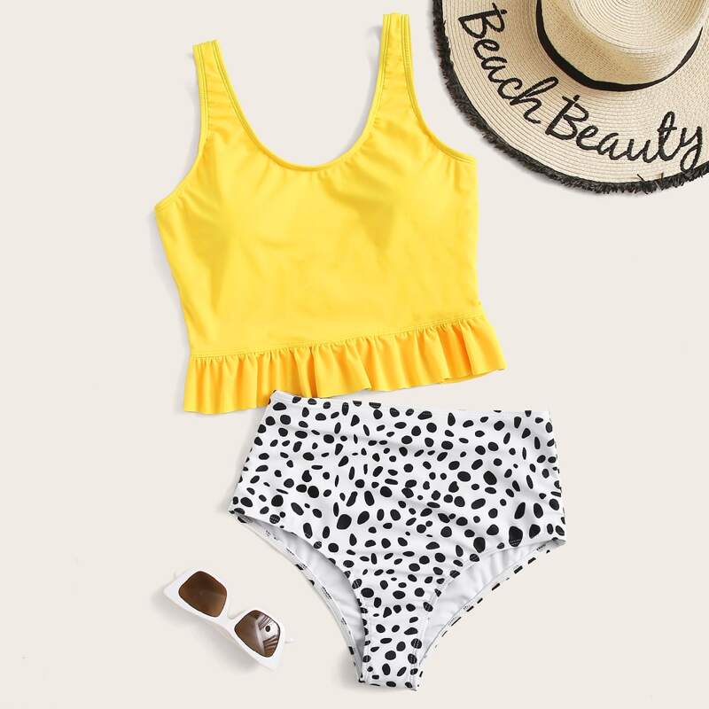 

Dalmatian Ruffle Hem High Waisted Bikini Swimsuit, Multicolor