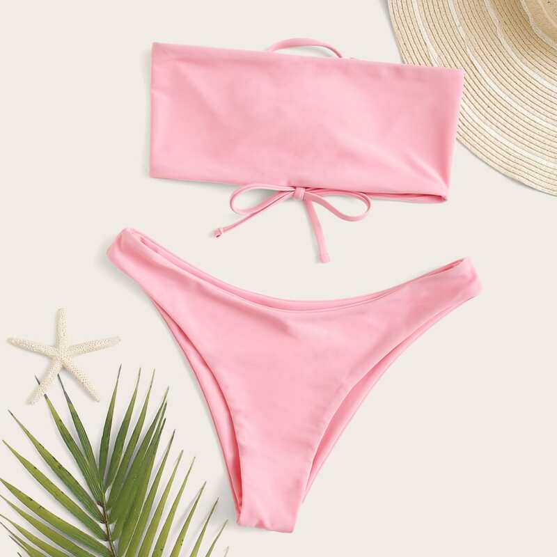 

Lace-up Back Bandeau High Cut Bikini Swimsuit, Pink