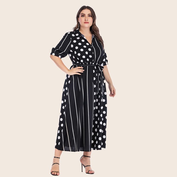 

Plus Polka Dot Striped Belted Shirt Dress, Black