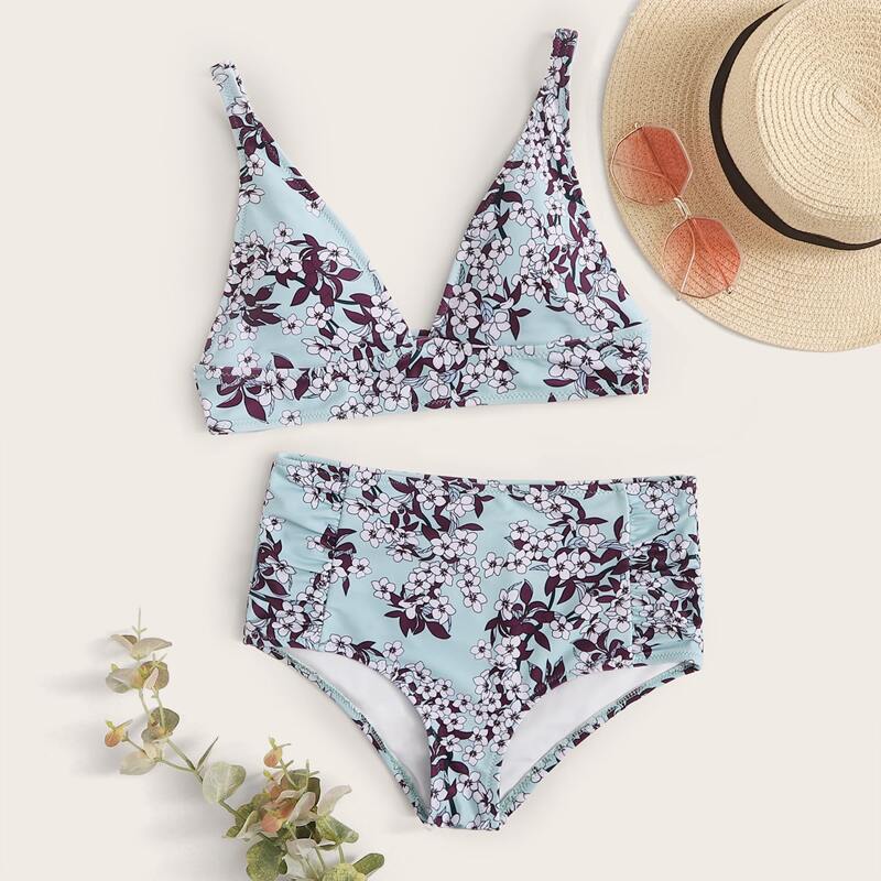 

Floral Triangle High Waisted Bikini Swimsuit, Multicolor
