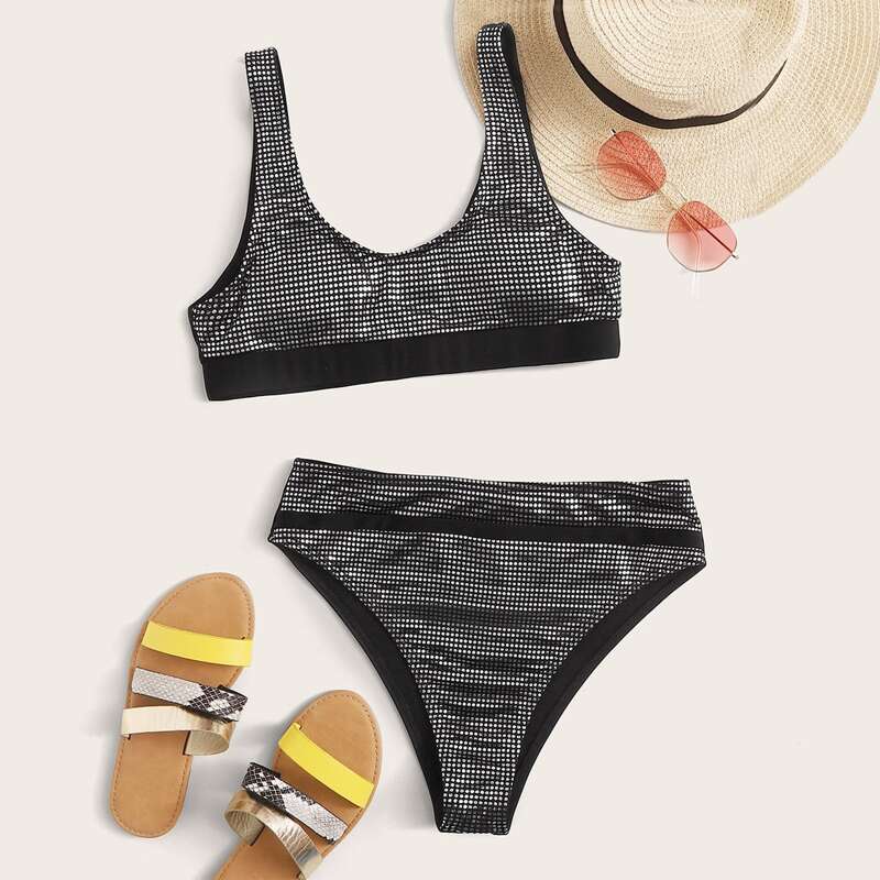 

Metallic High Waisted Bikini Swimsuit, Black