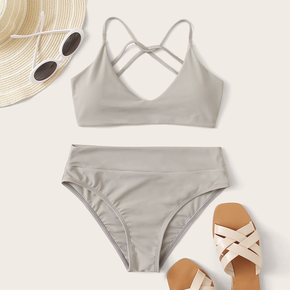 

Tie Back High Waist Bikini Swimsuit, Grey