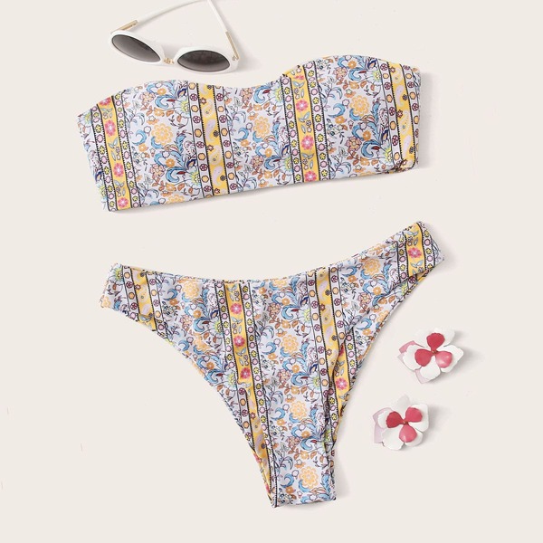 

Floral & Tribal Print Bandeau Bikini Swimsuit, Multicolor