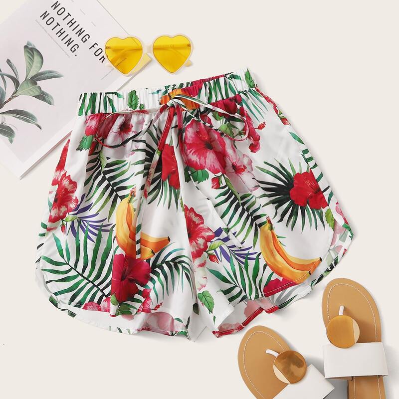 

Tropical Drawstring Waist Wide Leg Shorts, Multicolor