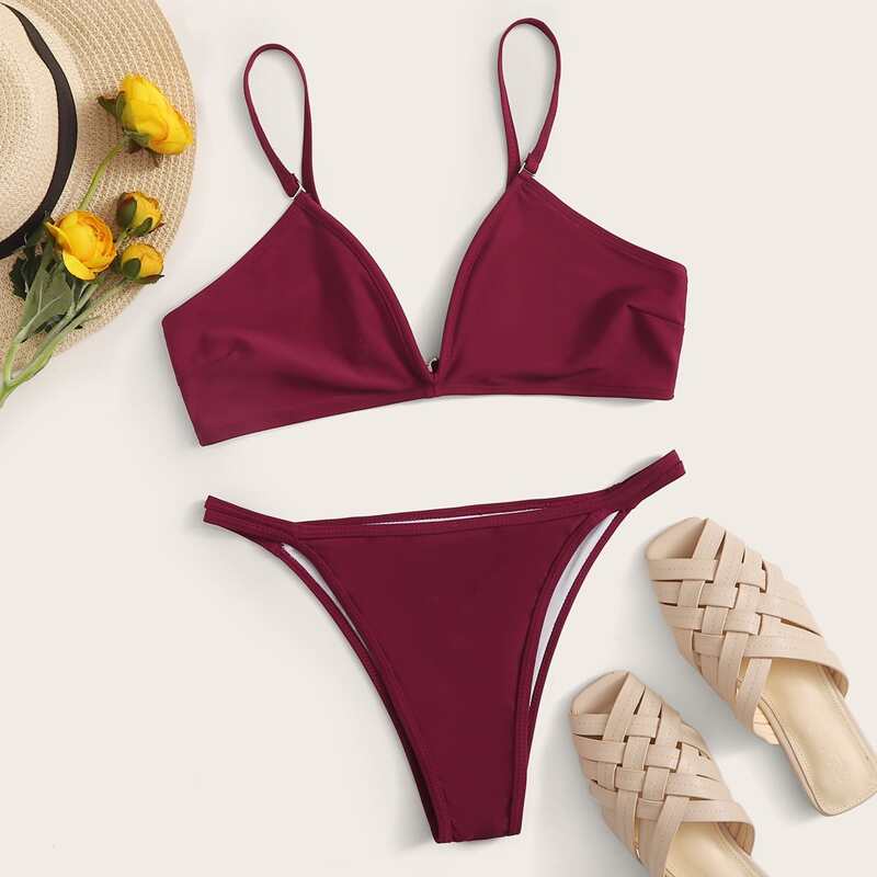 

Adjustable Strap Underwire Tanga Bikini Swimsuit, Red