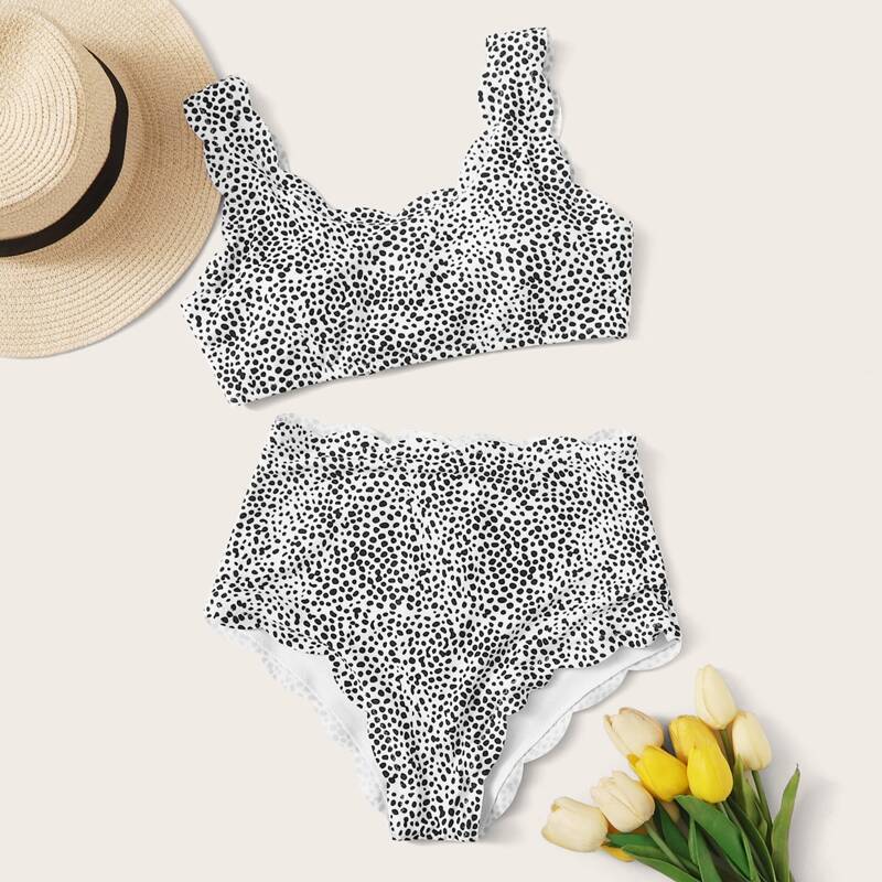 

Dalmatian Scallop Trim High Waisted Bikini Swimsuit, Black and white