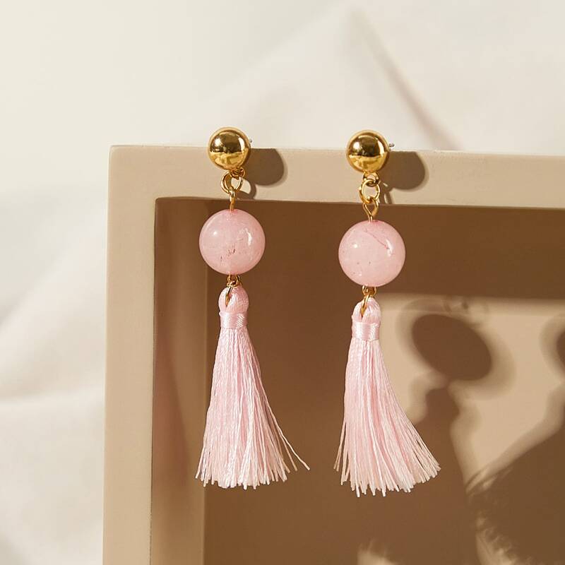 

1pair Round Ball & Tassel Decor Drop Earrings, Pink