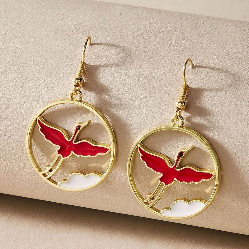 

1pair Crane Decor Round Drop Earrings, Multicolor