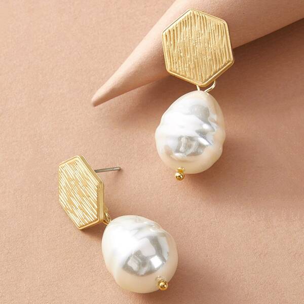 

1pair Faux Pearl & Geometric Decor Drop Earrings, Multicolor