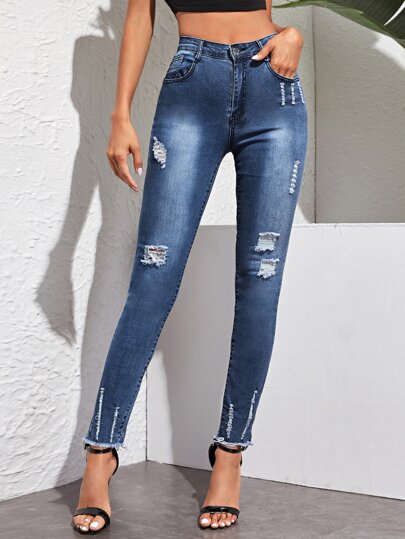Ripped Raw Hem Washed Skinny Jeans