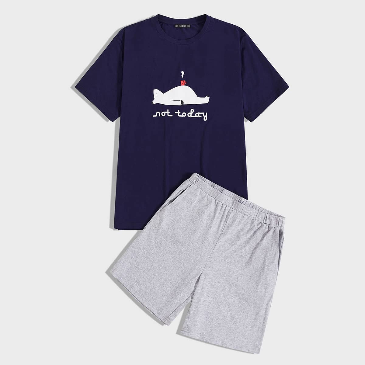 

Guys Slogan and Cartoon Graphic Top & Shorts PJ Set, Multicolor