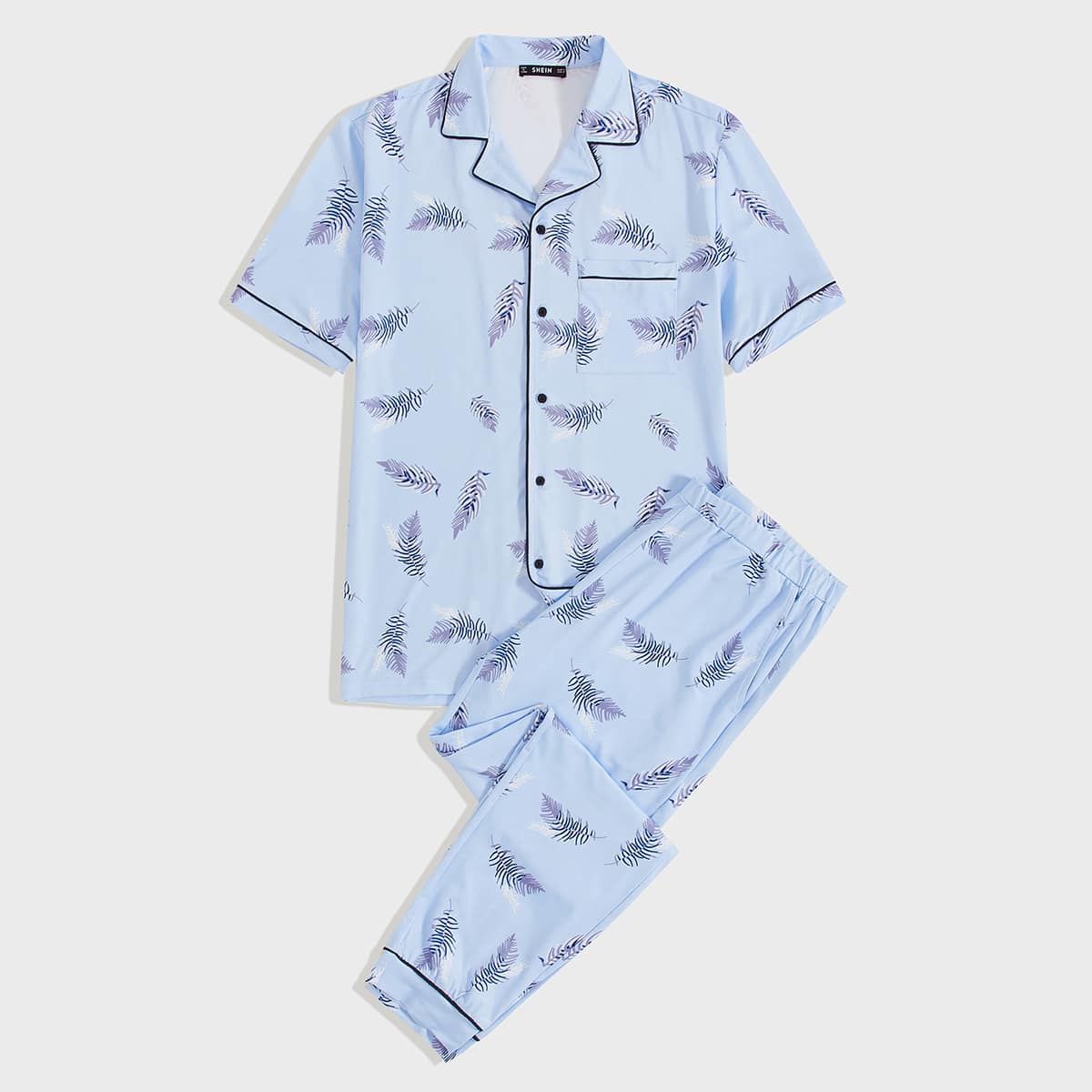 

Guys Contrast Piping Patch Pocket Shirt & Pants PJ Set, Blue