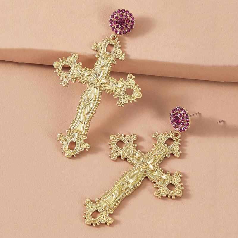 

1pair Flower Pattern Cross Decor Drop Earrings, Gold