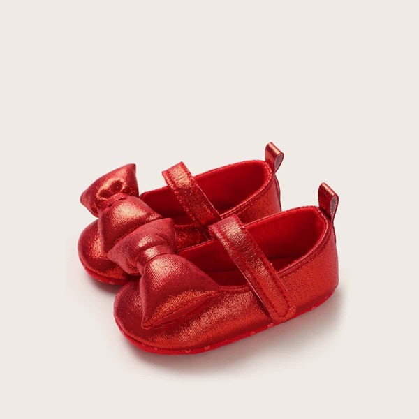 

Baby Girl Bow Decor Velcro Strap Flats, Red