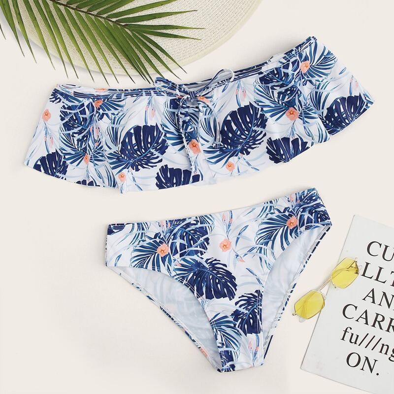 

Tropical Tie Front Flounce Bardot Bikini Swimsuit, Blue