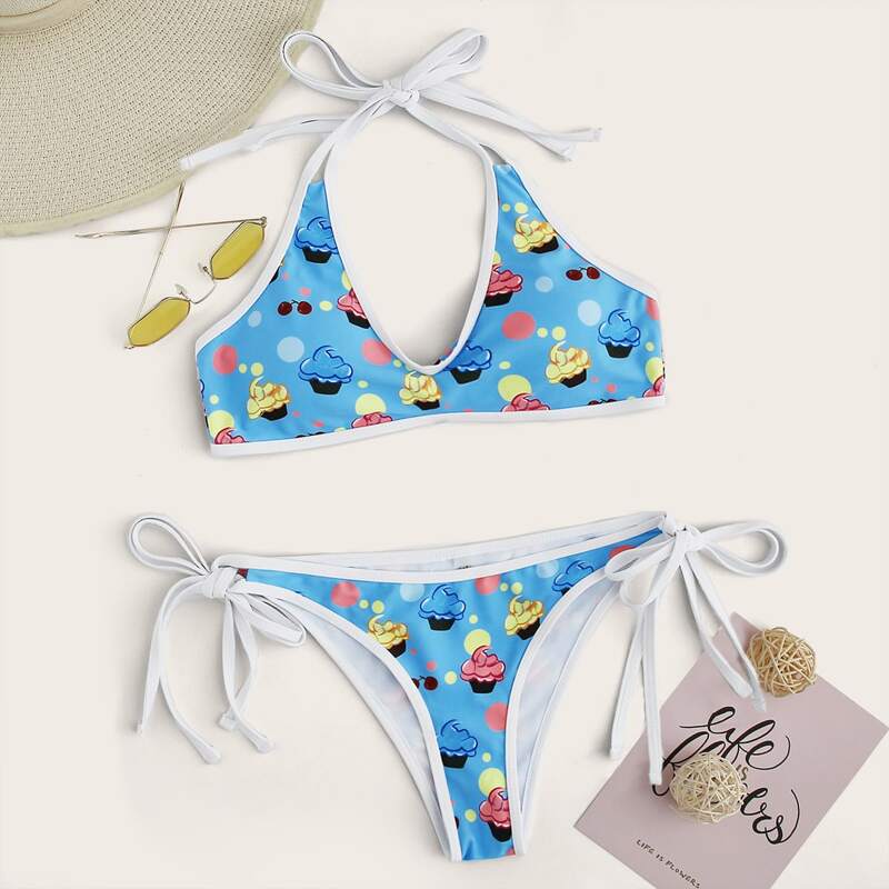 

Ice Cream Print Halter Tie Side Bikini Swimsuit, Blue