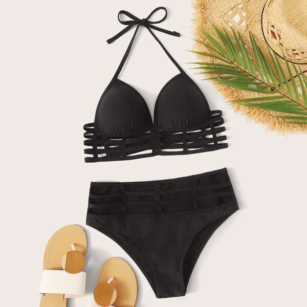 

Cut-out Triangle Halter Bikini Swimsuit, Black