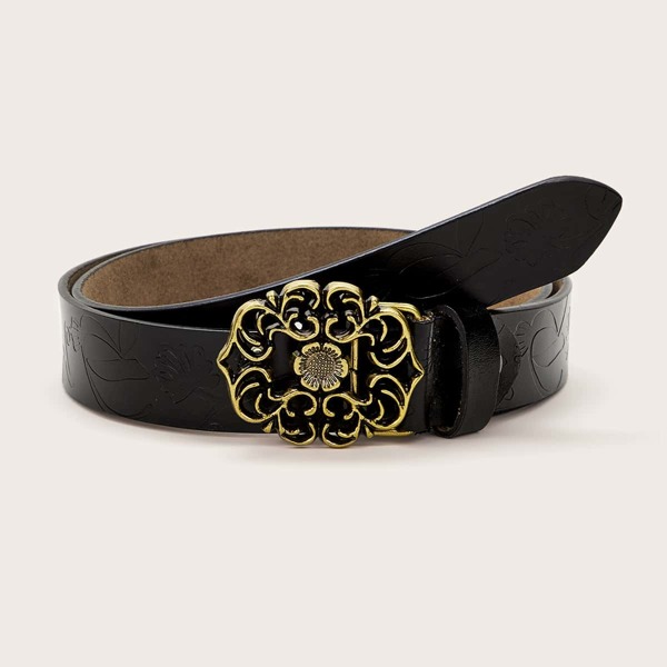 

Metal Flower Buckle Belt, Black