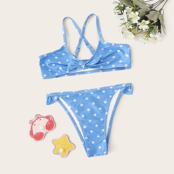 

Girls Polka Dot Knot Front Ruffle Bikini, Blue