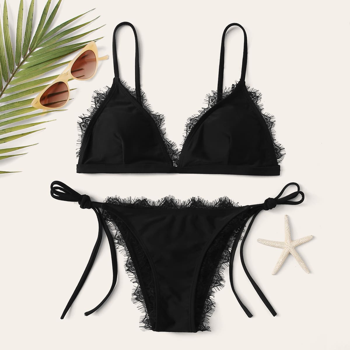 

Eyelash Lace Trim Triangle Tie Side Bikini Swimsuit, Black